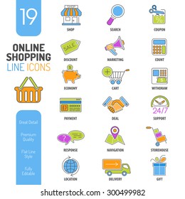 Online Shopping Thin Lines Color Web Icon Set for Flyer, Poster, Web Site Like Shop, Delivery, Marketing, Support, Cart, Sale