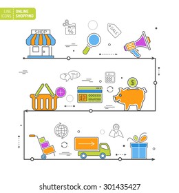 Online Shopping Thin Lines Color Web Icon Set for Flyer, Poster, Web Site Like Shop, Delivery, Marketing, Support, Cart, Sale