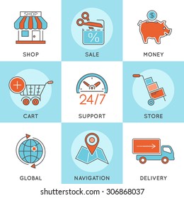 Online Shopping Thin Lines Color Web Icon Set with Flat elements for Flyer, Poster, Web Site Like Shop, Delivery, Marketing, Support, Cart, Sale