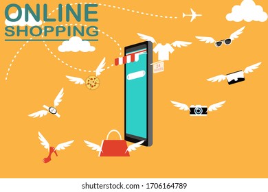 Online shopping. Things flying around the smartphone. Vector illustration.