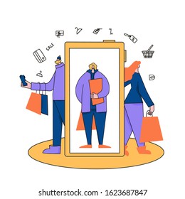 Online shopping. Three characters with shopping bags. Tiny people wearing in trendy clothes with huge smartphone scene. E-commers sale concept. Vector illustration.