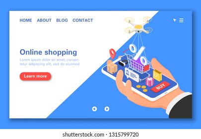 Online shopping through the mobile app. Isometric vector illustration.