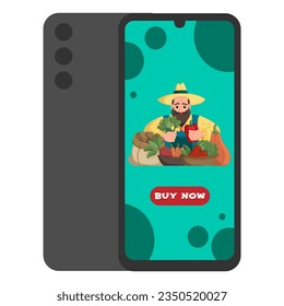 Online shopping through mobile app. The concept of selling fresh vegetables. Digital marketing. Horizontal positioning. Flat vector illustration.