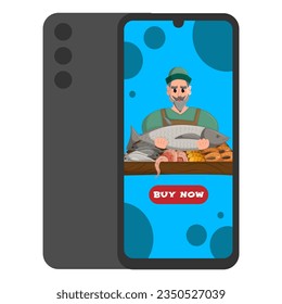 Online shopping through mobile app. Concept of selling fresh seafood and fish. Digital marketing. Horizontal positioning. Flat vector illustration.