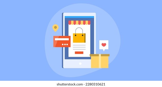 Compras en línea a través de aplicaciones móviles, eCommerce móvil, servicios de venta y productos con aplicaciones móviles - banner de ilustración vectorial con iconos