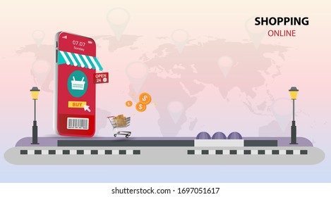 Compras en línea a través de aplicaciones móviles y en sitios web Marketing en línea y marketing digital Vista vertical ilustración vectorial