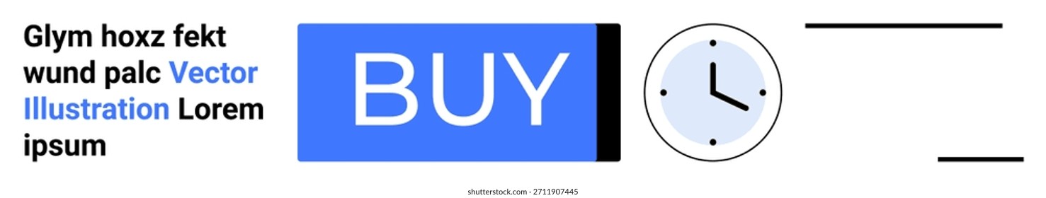 Compras en línea, gestión del tiempo, comercio electrónico, interfaces digitales, Servicio al cliente, comodidad. Azul Compra Botón junto a un ícono de reloj y Elementos de texto minimalistas. Comercio electrónico y gestión del tiempo