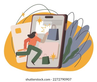 Compras en línea. Pequeño cliente comprando productos en una tienda en línea usando un smartphone. Ilustración de estilo de dibujos animados