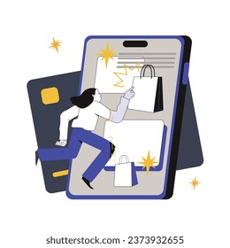 Online shopping. Tiny customer buying goods in online store  using a smartphone. Vector cartoon style illustration