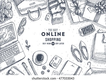 Online shopping top view illustration. Engraved style illustration. Hero image. Vector illustration