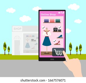 online shopping with touching smartphone and fashion shop