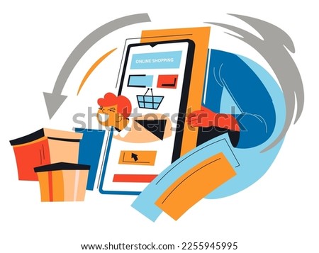 Online shopping and trade, person buying products in internet web stores and shops. Placing order and getting quick delivery. Man with smartphone and packages, bought boxes. Vector in flat style