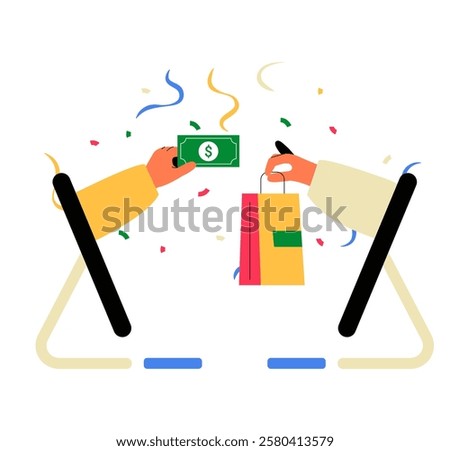 Online Shopping Transaction In Flat Vector Illustration Symbolizing E commerce, Digital Payment, And Internet Retail, Isolated On White Background.