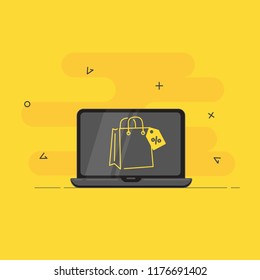 Online shopping. Trendy flat vector on yellow background.