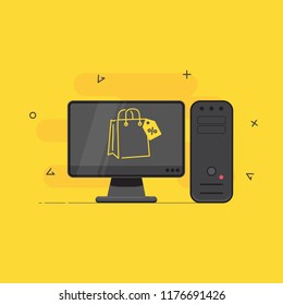 Online shopping. Trendy flat vector on yellow background.