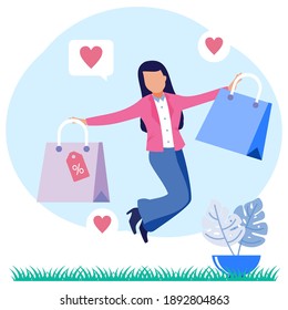 Online shopping trendy style vector illustration. Happy women after shopping, buying necessities, according to expectations.
