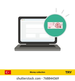 Online shopping. turkey lira banknote. E-commerce platform concept vector illustration.
