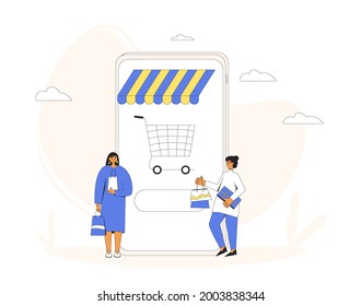 Online shopping. Two persons with huge smartphone and shopping bags. Filled line vector illustration.