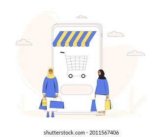 Online shopping. Two women with huge smartphone and shopping bags. Filled line vector illustration.