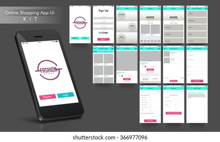 Online Shopping UI, UX and GUI  layout for e-commerce responsive website and mobile apps including Home, Sign-Up, Product Category, Order Placed and Checkout screens.