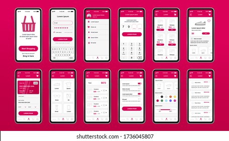 Online shopping unique design kit for mobile app. Shopping platform screens with products and payment information. Internet marketplace UI, UX template set. GUI for responsive mobile application.