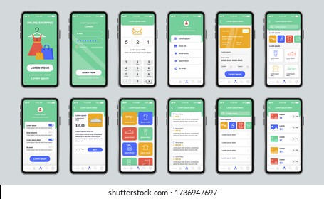 Online Shopping Unique Design Kit For App. Clothes Shop Platform Screens With Goods Category, Description And Review. Internet Marketplace UI, UX Template Set. GUI For Responsive Mobile Application.