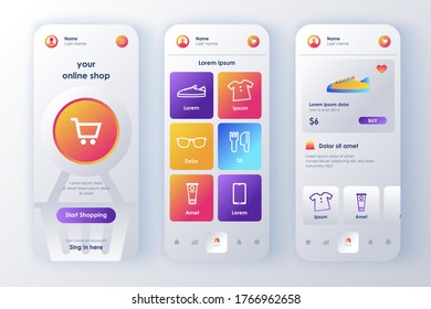 Kit de diseño único para compras en línea. Aplicación de compras con cesta de pedidos, descripción del producto y precio. Interfaz de usuario de la plataforma de mercado de Internet, conjunto de plantillas UX. GUI para aplicaciones móviles receptivas.