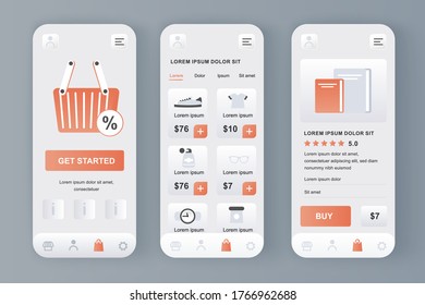 Online shopping unique design kit for app. Shopping platform with purchases section, description and prices. Internet marketplace UI, UX template set. GUI for responsive mobile application.