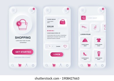 Online shopping unique neomorphic design kit. Store app with products search, purchases description and prices. Internet marketplace UI UX templates set. Vector illustration of GUI for mobile app.