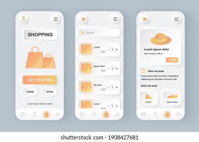 Online shopping unique neomorphic design kit. Shopping app with product photo, description and price. Internet marketplace platform UI UX templates set. Vector illustration of GUI for mobile app.