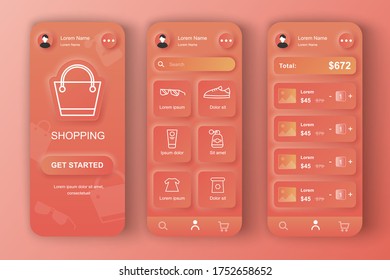 Online shopping unique neumorphic design kit for app. Shopping platform screens with product description and prices. Internet marketplace UI, UX template set. GUI for responsive mobile application.