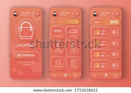 Online shopping unique neumorphic design kit for app. Shopping platform screens with product description and prices. Internet marketplace UI, UX template set. GUI for responsive mobile application.