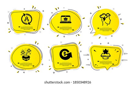 Online shopping, User info and Dollar exchange icons simple set. Yellow speech bubbles with dotwork effect. Mindfulness stress, Fireworks and Winner podium signs. Vector