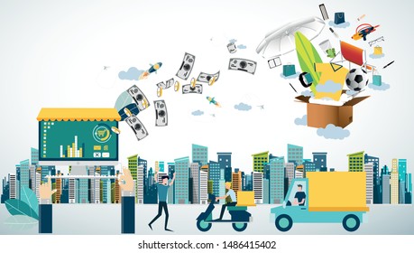 Online shopping using computer with Ordering, Pay, Product delivery  -  Creativity modern Idea and Concept illustration vector.