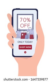 Online shopping using devices. Mobile marketing and PPC technology. Hand holding a smartphone with sale advertisment. Isolated flat vector illustration