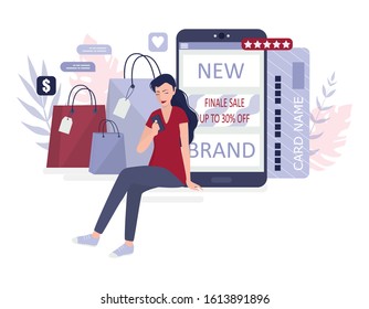 Online shopping using devices. Modern technology, internet and e-commerce web banner. Mobile marketing and PPC technology. Customer service and delivery. Isolated flat vector illustration
