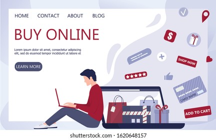 Online shopping using devices. Modern technology, internet and e-commerce web banner. Mobile marketing and PPC technology. Customer service and delivery. Isolated flat vector illustration
