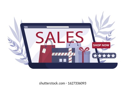 Online shopping using devices. Modern technology, internet and e-commerce web banner. Big sale and discount concept. Customer service and delivery. Isolated flat vector illustration