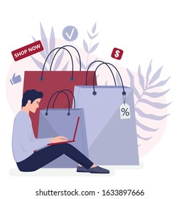 Online shopping using devices. Modern technology, internet and e-commerce web banner. Mobile marketing and PPC technology. Customer service and delivery. Isolated flat vector illustration
