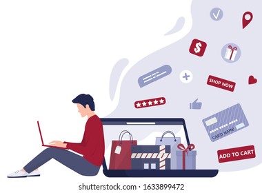 Online shopping using devices. Modern technology, internet and e-commerce web banner. Mobile marketing and PPC technology. Customer service and delivery. Isolated flat vector illustration