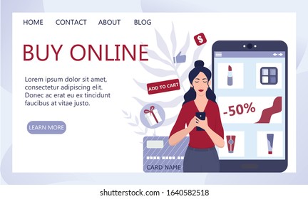 Online shopping using devices. Modern technology, internet and e-commerce web banner. Mobile marketing and PPC technology. Customer service and delivery. Isolated flat vector illustration