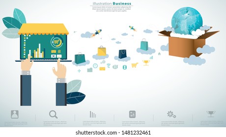  Online shopping using laptop  -  Flat style Creativity modern Idea and Concept illustration Infographic template. 