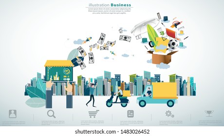 Online shopping using laptop with Ordering, Pay, Product delivery,parcel  -  Creativity modern Idea and Concept illustration vector Infographics template.