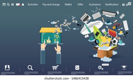 Online shopping using laptop with Ordering, Pay, Product delivery  -  Creativity modern Idea and Concept illustration vector Infographics template.