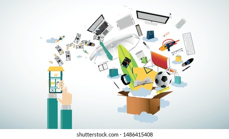 Online shopping using smartphone with Ordering, Pay, Product delivery  -  Creativity modern Idea and Concept illustration vector.