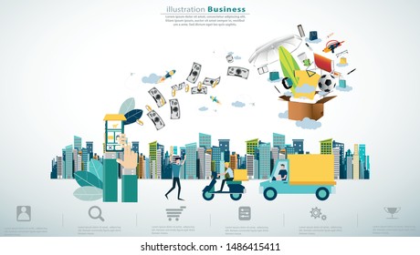 Online shopping using smartphone with Ordering, Pay, Product delivery  -  Creativity modern Idea and Concept illustration vector Infographics template.