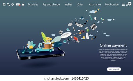 Online shopping using smartphone with Ordering, Pay,  payment transfer , product delivery   -  Creativity modern Idea and Concept illustration vector Infographics template.
