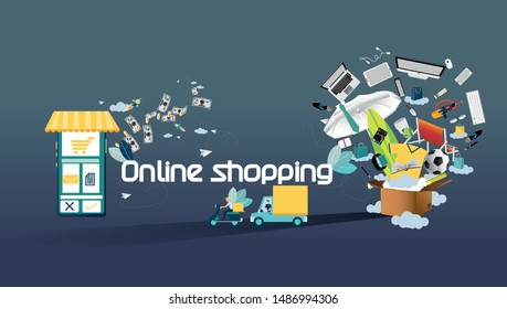 Online shopping using smartphone with Ordering, Pay,  payment transfer , product delivery - Text Online shopping  -  Creativity modern Idea and Concept illustration vector.