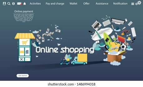 Online shopping using smartphone with Ordering, Pay,  payment transfer , product delivery - Text Online shopping  -  Creativity modern Idea and Concept illustration vector Infographic template.
