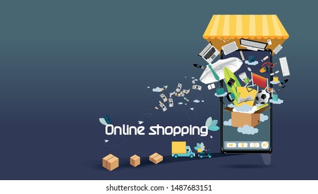 Online shopping using smartphone with Ordering, Pay,  payment transfer , product delivery - Text Online shopping  -  Creativity modern Idea and Concept illustration vector.